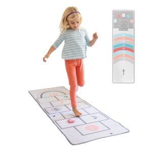 hearthsong retro hopscotch and marble 2-in-1 rug, 80”l x 25”w rug, plush drawstring bag, 22 ceramic marbles, 2 bean bags, ages 3 and up