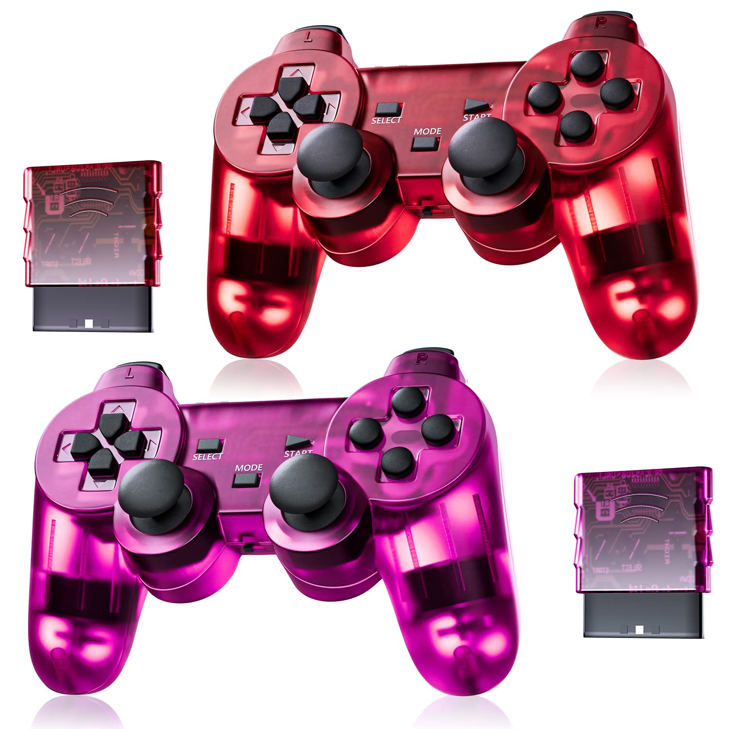 Burcica Wireless Controller for PS2 Play 2 Dual Vibration - ClearRed and ClearPurple