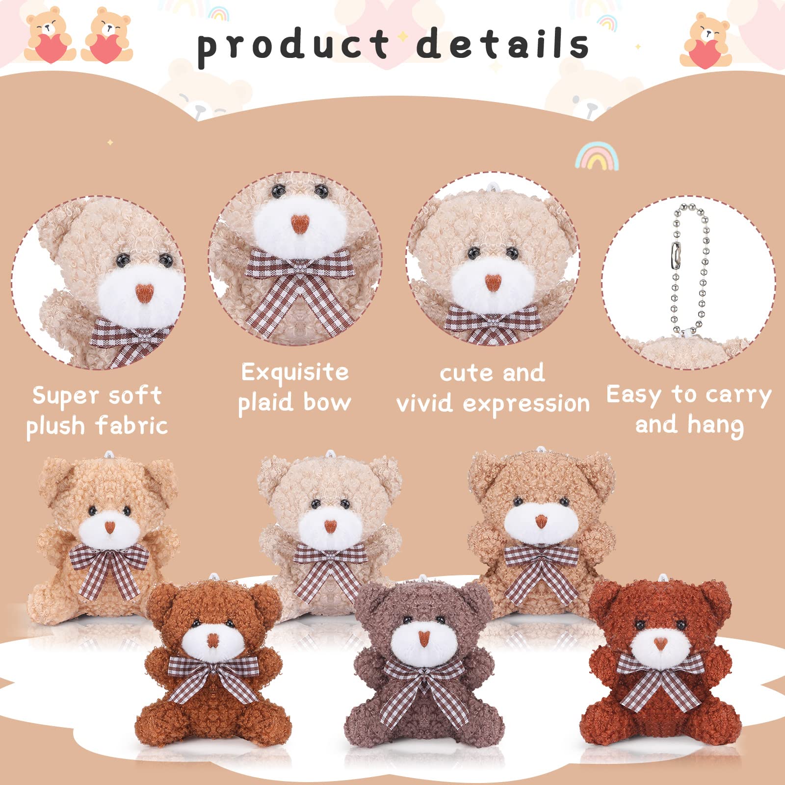 24 Pack Mini Bear Toys Bulk Plush Stuffed Animals Jointed Doll 3.15 Inch Bear Keychain for Teens Girls Adult Birthday Wedding Graduation Gift Decoration Party Favor Backpack DIY Pendant (Stylish)