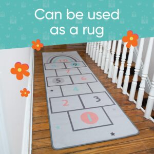 Hearthsong Retro Hopscotch and Marble 2-in-1 Rug, 80”L x 25”W Rug, Plush Drawstring Bag, 22 Ceramic Marbles, 2 Bean Bags, Ages 3 and Up