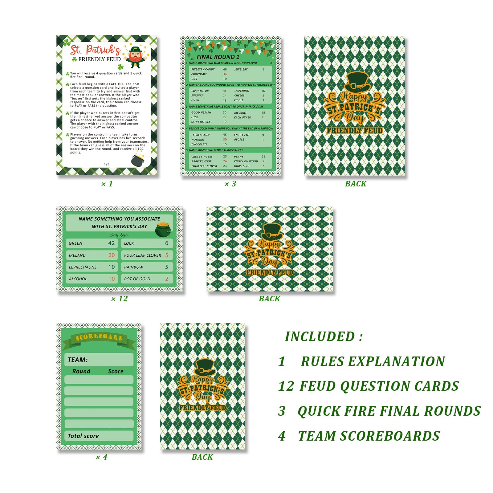 BEUFSE St' Patricks Day Friendly Feud Game Set, St' Patricks Day Party Game Supplies, St' Patricks Day Games for Adults, Feud Quiz, Family Activity, Family Games Night, Fun Holiday Game SC001