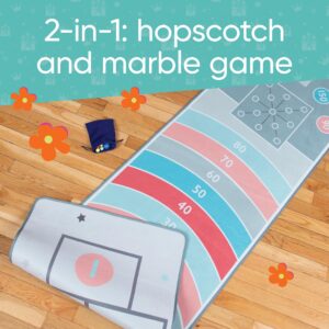 Hearthsong Retro Hopscotch and Marble 2-in-1 Rug, 80”L x 25”W Rug, Plush Drawstring Bag, 22 Ceramic Marbles, 2 Bean Bags, Ages 3 and Up