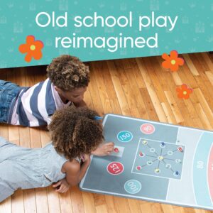 Hearthsong Retro Hopscotch and Marble 2-in-1 Rug, 80”L x 25”W Rug, Plush Drawstring Bag, 22 Ceramic Marbles, 2 Bean Bags, Ages 3 and Up