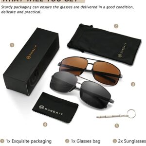 SUNGAIT Ultra Lightweight Rectangular Polarized Sunglasses UV400 Protection (Black Frame Brown Lens+Gunmetal Frame Gray Lens)