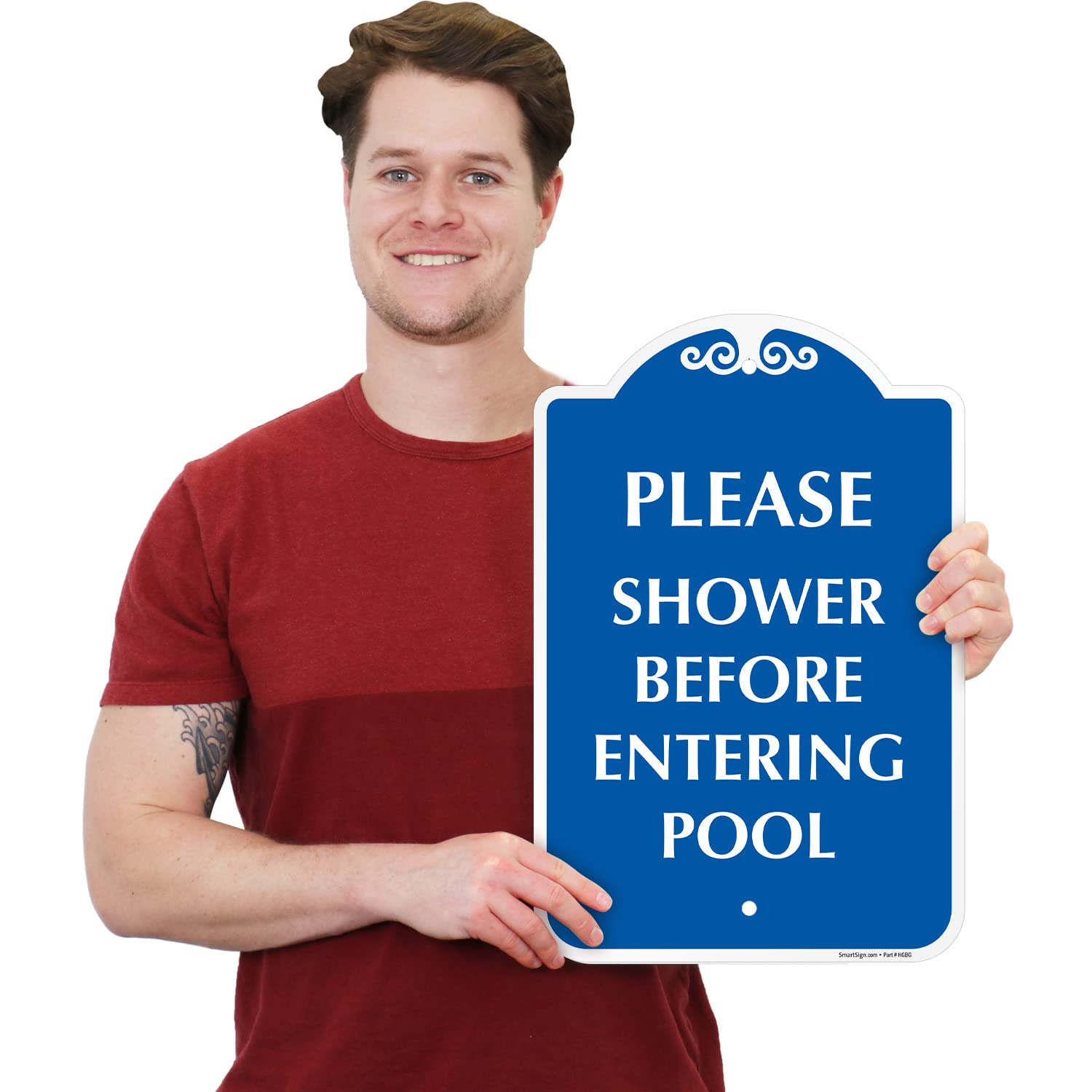 SmartSign Designer “Please Shower Before Entering Pool” Sign, 18 x 12 inch Pool Rule Sign, 120 mil Aluminum Composite (ACM) with Overcoat, Blue/White, Made in USA