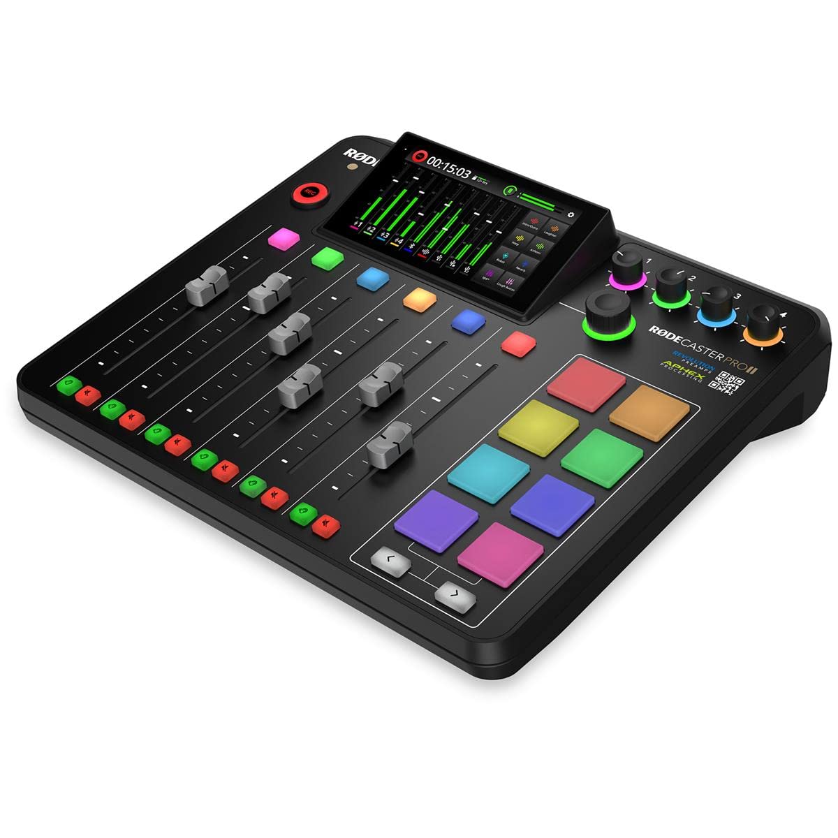 Rode RODECaster Pro II Integrated Audio Production Studio Console Bundle with 4x Cardioid Dynamic Broadcast Microphone, 4x Headphones, 2x Broadcast Arm, 2x Mic Stand, 4x Cable, 32GB Memory Card