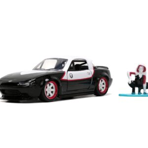 Jada 1990 Mazda Miata Black and White with Graphics and Ghost Spider Diecast Figure Spider-Man Marvel Series 1/32 Diecast Model Car