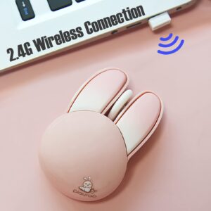 Lomiluskr Cute Bunny Wireless Mouse, Lightweight Soundless Mouse, 2.4G Wireless Mice, Candy Colors, Kawaii Rabbit Mouse for Girls and Kids (Pink Bunny)