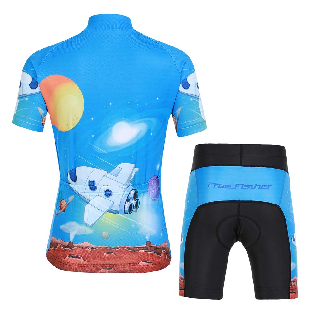 L PATTERN Kids Cycling Jersey Set Short Sleeve With 3D padded Shorts Cartoon Road Mountain Bike Jersey Set for Girls Boys, Spaceship Light Blue, 6-7 Years