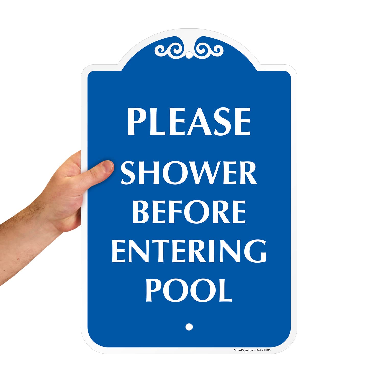 SmartSign Designer “Please Shower Before Entering Pool” Sign, 18 x 12 inch Pool Rule Sign, 120 mil Aluminum Composite (ACM) with Overcoat, Blue/White, Made in USA