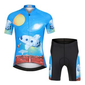 L PATTERN Kids Cycling Jersey Set Short Sleeve With 3D padded Shorts Cartoon Road Mountain Bike Jersey Set for Girls Boys, Spaceship Light Blue, 6-7 Years