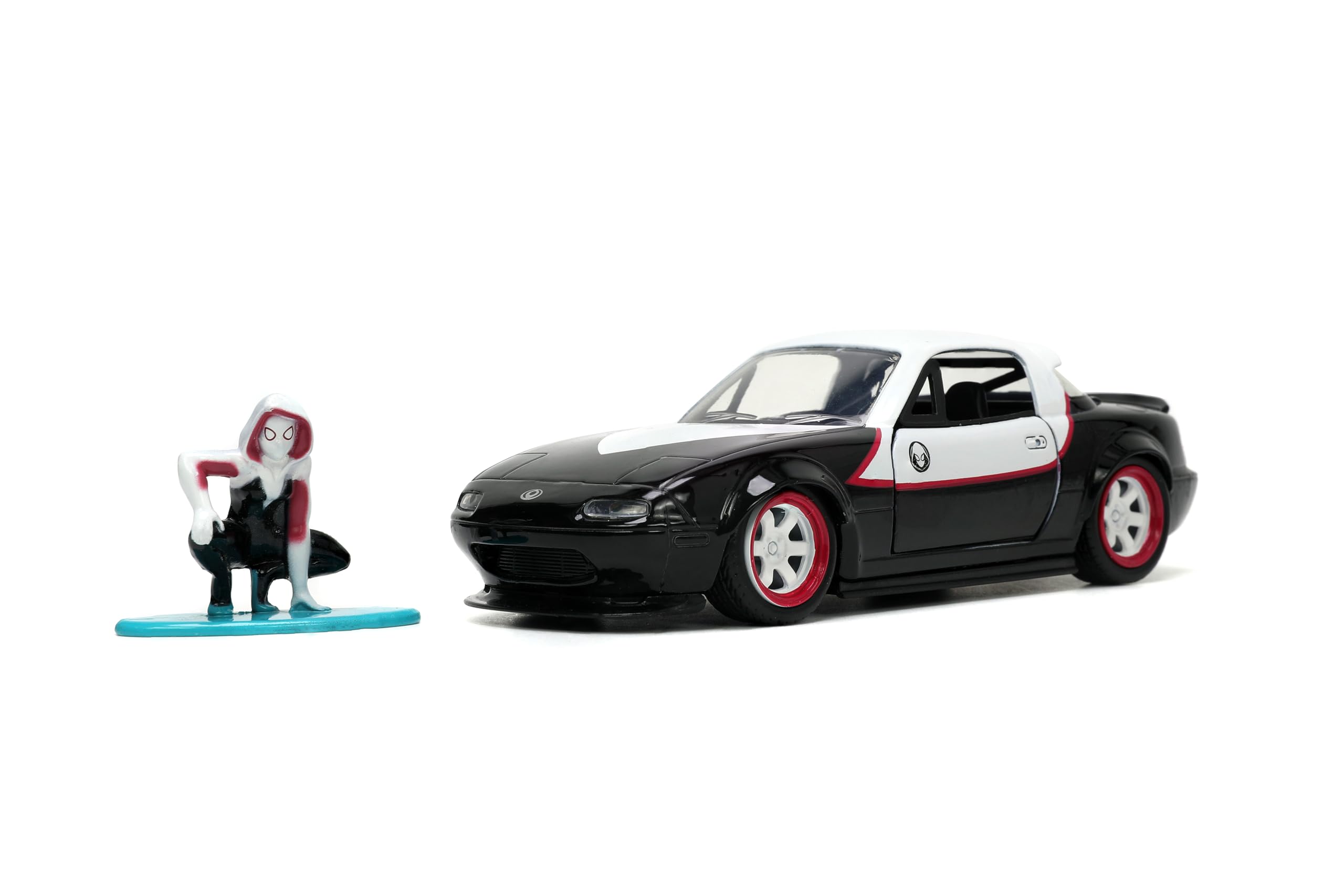 Jada 1990 Mazda Miata Black and White with Graphics and Ghost Spider Diecast Figure Spider-Man Marvel Series 1/32 Diecast Model Car