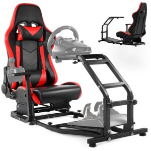 gazzyt racing simulator cockpit stand with red racing chair adjustable racing wheel stand fit for logitech g27 g29 g920, thrustmaster t300 t300rs t248, without wheel pedal and shifter