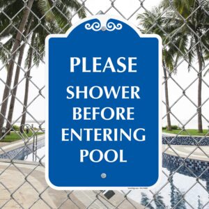 SmartSign Designer “Please Shower Before Entering Pool” Sign, 18 x 12 inch Pool Rule Sign, 120 mil Aluminum Composite (ACM) with Overcoat, Blue/White, Made in USA