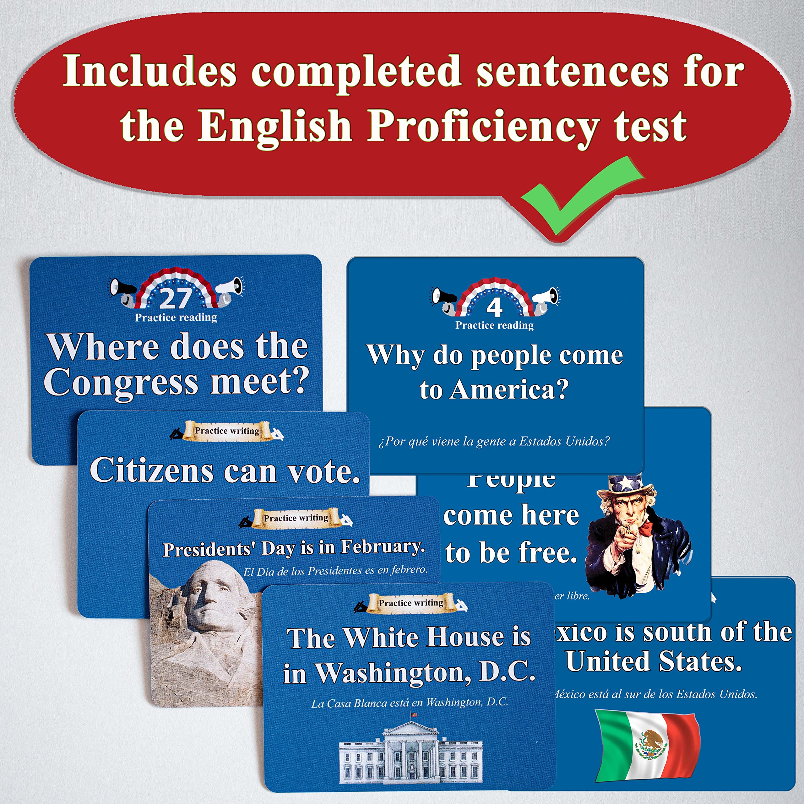 Civics and English flashcards to Study for The US citizenship Test with Official 100 USCIS Illustrated Questions and Answers for American Civics and English Proficiency Exams