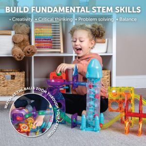 Play Brainy Magnetic Marble Run for Kids Ages 3 & Up - 130-Piece Magnetic Tiles with Rocket Elevator, Space-Themed Magnet Toys for Boys & Girls - STEM Educational Toys Set with Stickers & Storage Case