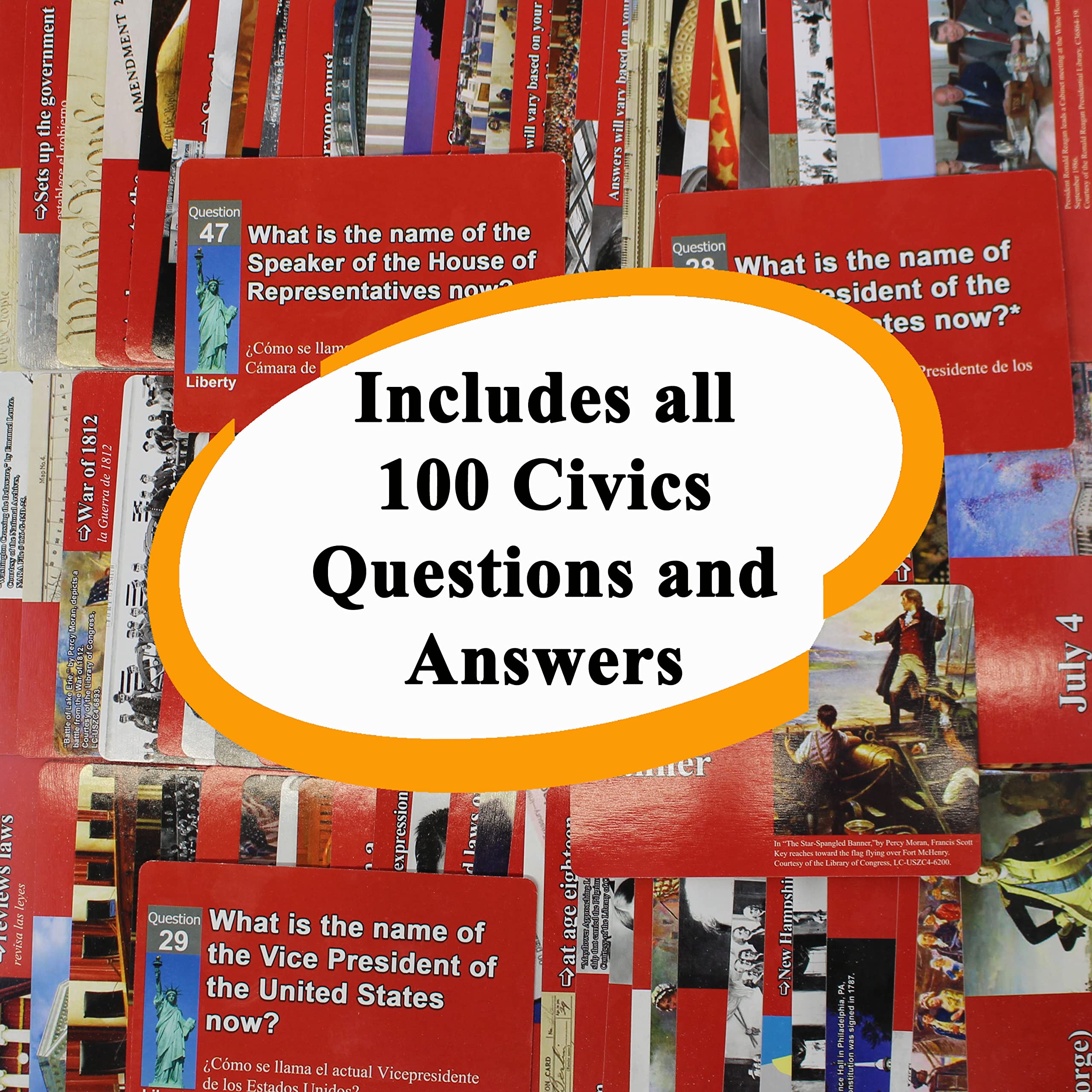 Civics and English flashcards to Study for The US citizenship Test with Official 100 USCIS Illustrated Questions and Answers for American Civics and English Proficiency Exams