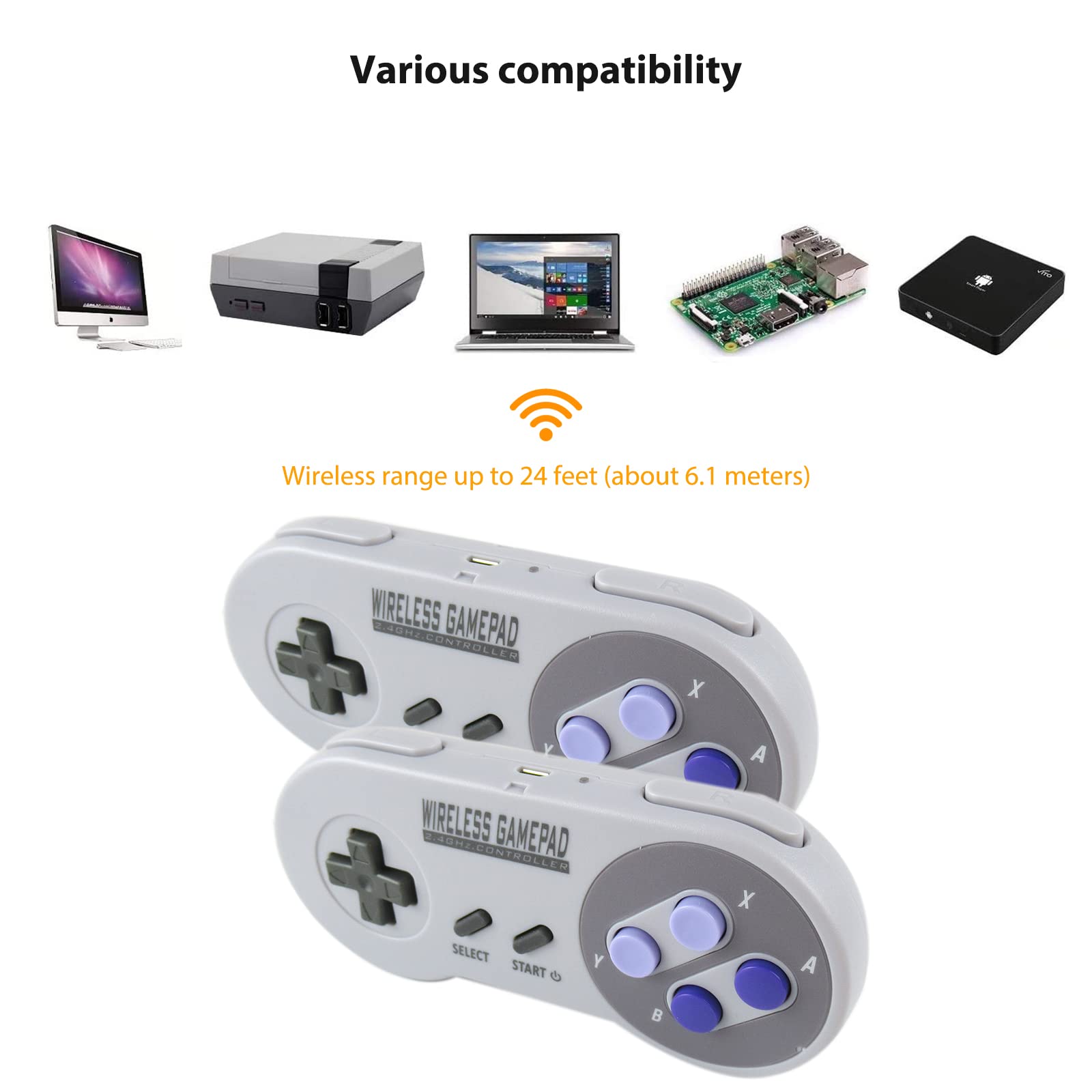 2 Pack Wireless Controller for SNES Classic Edition（Mini）/ for NES Classic Edition, Gamepad with USB Wireless Receiver Compatible for Switch, Windows, iOS, Liunx, Android Device