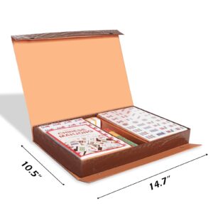 GUSTARIA Chinese Mahjong Set, with X-Large 144 Numbered Melamine Yellow Tiles, 2 Spare Tiles, 6 Dice and a Wind Indicator, Carrying Travel Case with English Instruction, Mahjong Mat (Blue)