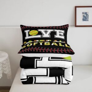 Softball Lovers Kids Comforter Set Queen Size,Ball Sports Games Competition Bedding Set,Girls Boys Adults Bedroom Decor,Modern Fashion Down Comforter,Red Black Bright Duvet Insert,2 Pillowcases