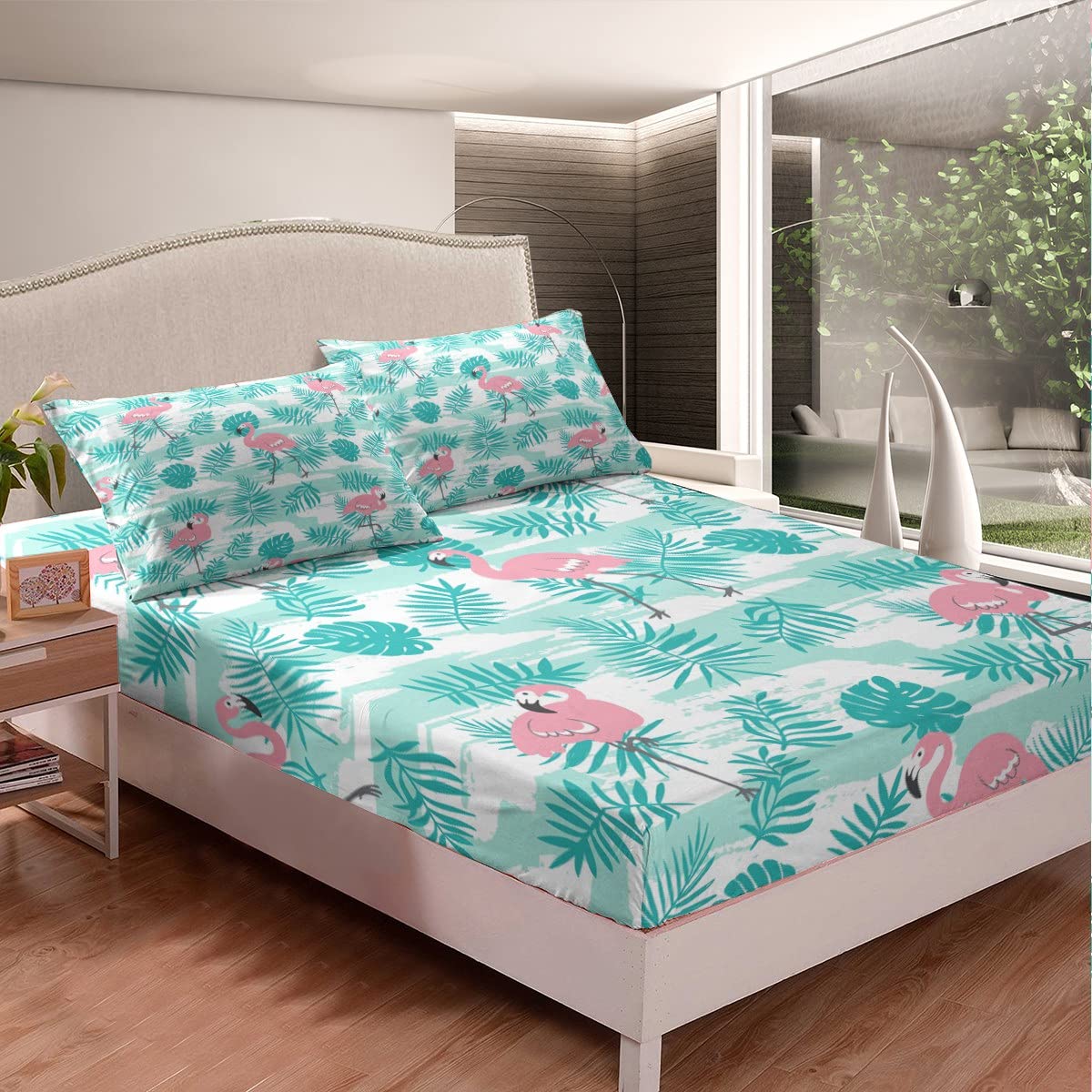 Manfei Flamingo Kids Sheet Queen Size,Palm Leaves Tropical Plants Bedding Set,Girls Boys Adults Bedroom Decor,Cartoon Animals Stripes Pink Romantic Bed Sheet Set 4pcs(Fitted + Flat + 2 Pillowcases)