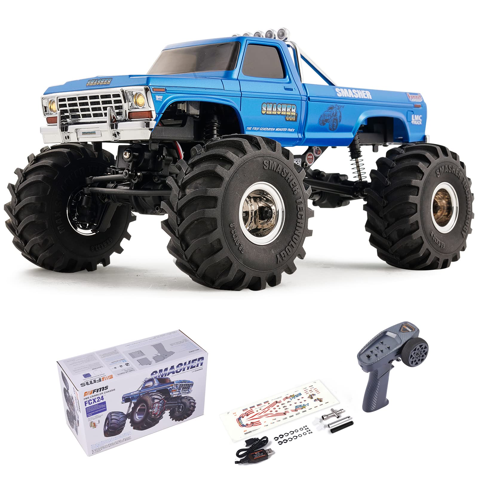 WOWRC RC Truck Crawlers FMS FCX24 Smasher, 1/24 Remote Control Monster Truck Mini RC Rock Crawler, Hobby RC Cars 8km/h 2 Speed Transmission for Adults, 2.4Ghz RTR with Battery, USB Charger, Blue