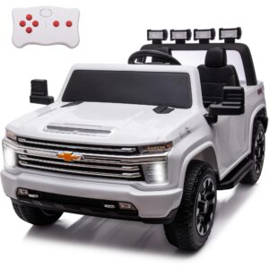 sopbost 4wd 24v 2 seater kids ride on truck with remote licensed chevrolet silverado electric toy car with eva tires wheels, high/low speed, music play (white)