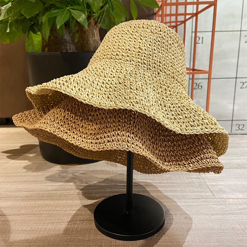 Womens Sun Visor Hats Wide Brim Summer Beach Cap for Women Foldable Vacation Travel Straw Hat Khaki