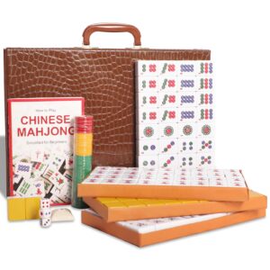 Chinese Mahjong Set, with X-Large 144 Numbered Melamine Yellow Tiles, 2 Spare Tiles, 6 Dice and a Wind Indicator, Carrying Travel Case with English Instruction, Mahjong Mat(Green) 31.5" L x 31