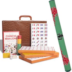 Chinese Mahjong Set, with X-Large 144 Numbered Melamine Yellow Tiles, 2 Spare Tiles, 6 Dice and a Wind Indicator, Carrying Travel Case with English Instruction, Mahjong Mat(Green) 31.5" L x 31