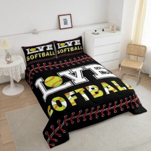 Softball Lovers Kids Comforter Set Queen Size,Ball Sports Games Competition Bedding Set,Girls Boys Adults Bedroom Decor,Modern Fashion Down Comforter,Red Black Bright Duvet Insert,2 Pillowcases