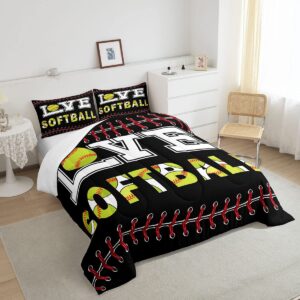 Softball Lovers Kids Comforter Set Queen Size,Ball Sports Games Competition Bedding Set,Girls Boys Adults Bedroom Decor,Modern Fashion Down Comforter,Red Black Bright Duvet Insert,2 Pillowcases