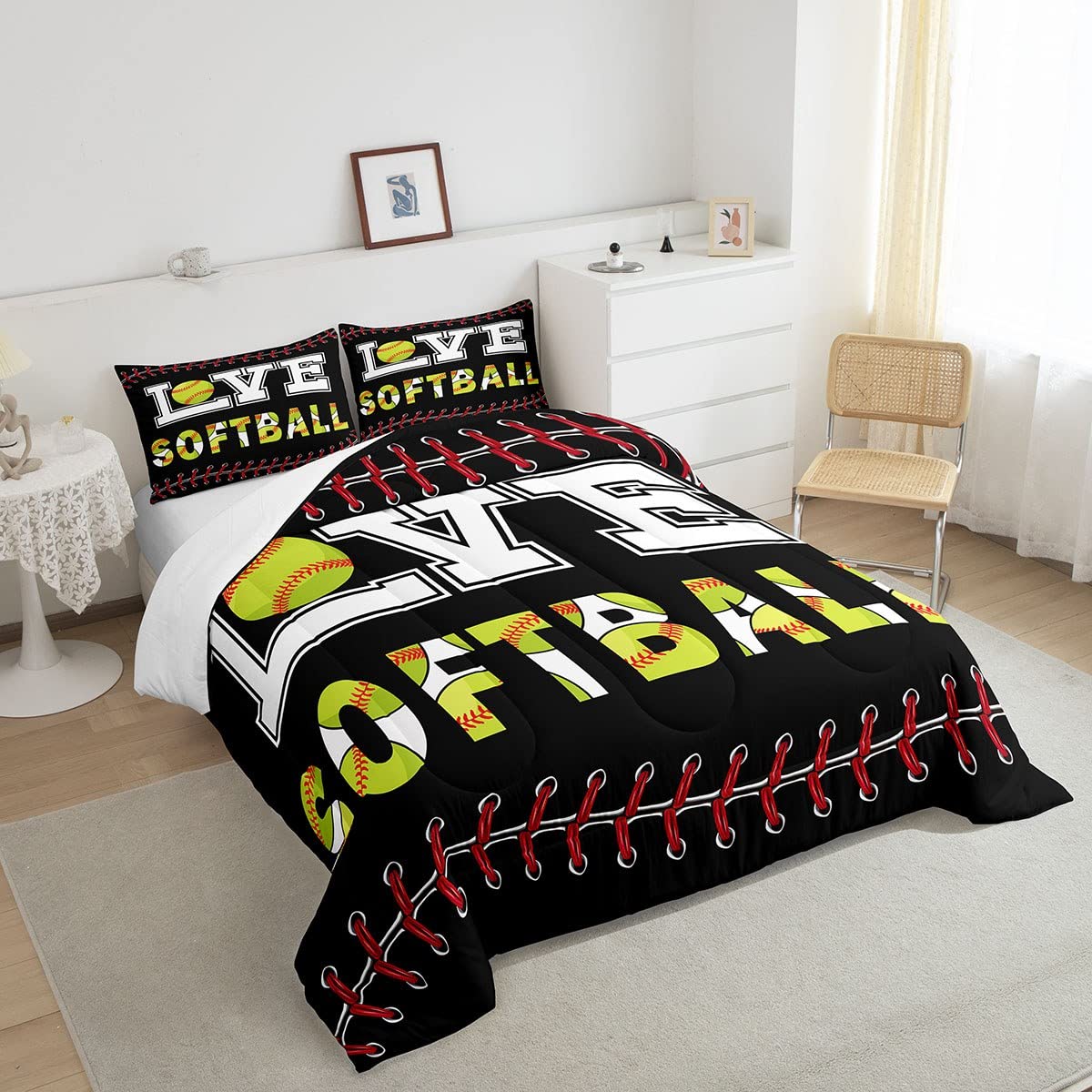 Softball Lovers Kids Comforter Set Queen Size,Ball Sports Games Competition Bedding Set,Girls Boys Adults Bedroom Decor,Modern Fashion Down Comforter,Red Black Bright Duvet Insert,2 Pillowcases