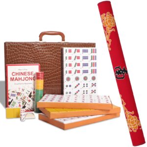 gustaria chinese mahjong set, with x-large 144 numbered melamine yellow tiles, 2 spare tiles, 6 dice and a wind indicator, carrying travel case with english instruction, mahjong mat(red)