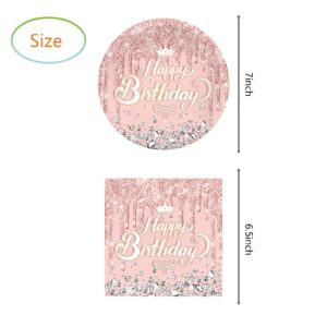 Pink Rose Goldr Birthday Party Supplies, Include 20 Plates and 20 Napkins, Pink Rose Goldr Theme Birthday Party Decorations for Kid Girls Women Glitter Diamond Party Supplies