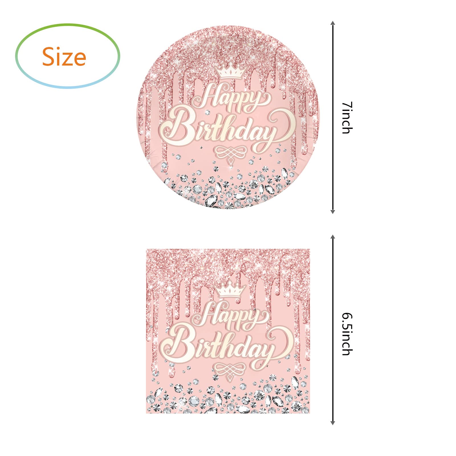 Pink Rose Goldr Birthday Party Supplies, Include 20 Plates and 20 Napkins, Pink Rose Goldr Theme Birthday Party Decorations for Kid Girls Women Glitter Diamond Party Supplies