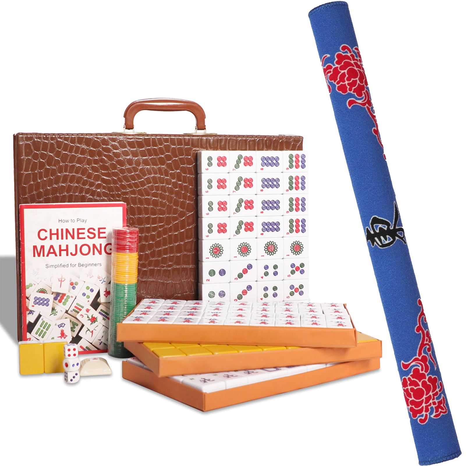 GUSTARIA Chinese Mahjong Set, with X-Large 144 Numbered Melamine Yellow Tiles, 2 Spare Tiles, 6 Dice and a Wind Indicator, Carrying Travel Case with English Instruction, Mahjong Mat (Blue)