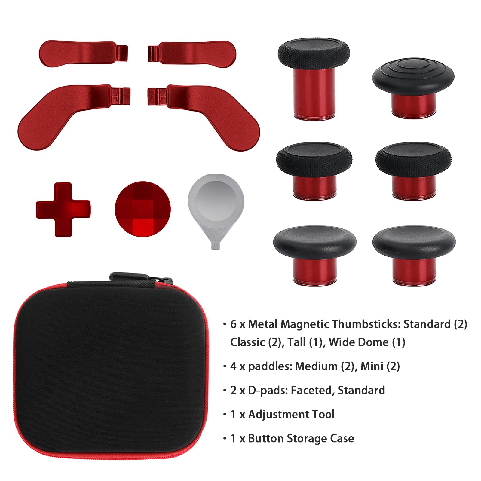 Metal Thumbsticks for Xbox One Elite Controller Series 2 Accessories, 13 in 1 Replacement Magnetic Buttons kit Includes 6 Swap Magnetic Joysticks, 4 Paddles, 2 D-Pads, 1 Adjustment Tool (Plating Red)