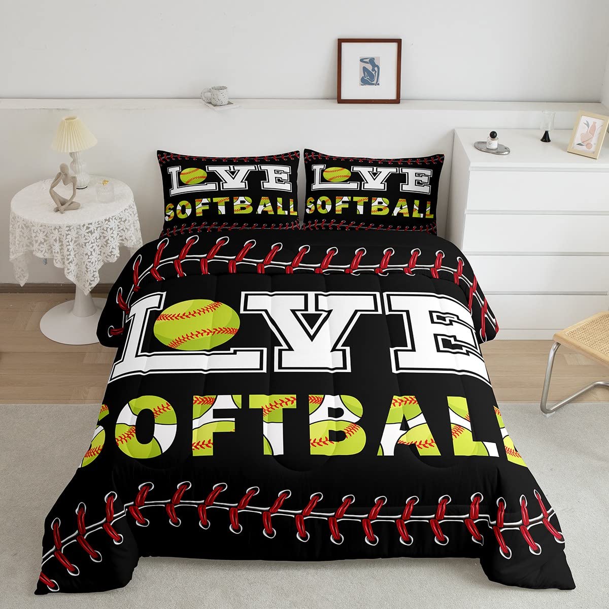 Softball Lovers Kids Comforter Set Queen Size,Ball Sports Games Competition Bedding Set,Girls Boys Adults Bedroom Decor,Modern Fashion Down Comforter,Red Black Bright Duvet Insert,2 Pillowcases