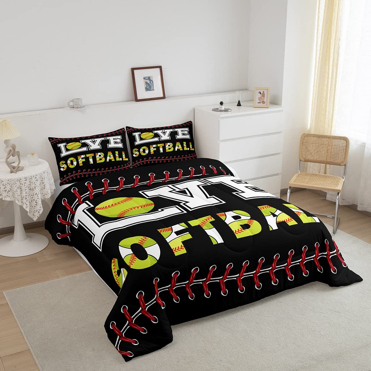 Softball Lovers Kids Comforter Set Queen Size,Ball Sports Games Competition Bedding Set,Girls Boys Adults Bedroom Decor,Modern Fashion Down Comforter,Red Black Bright Duvet Insert,2 Pillowcases