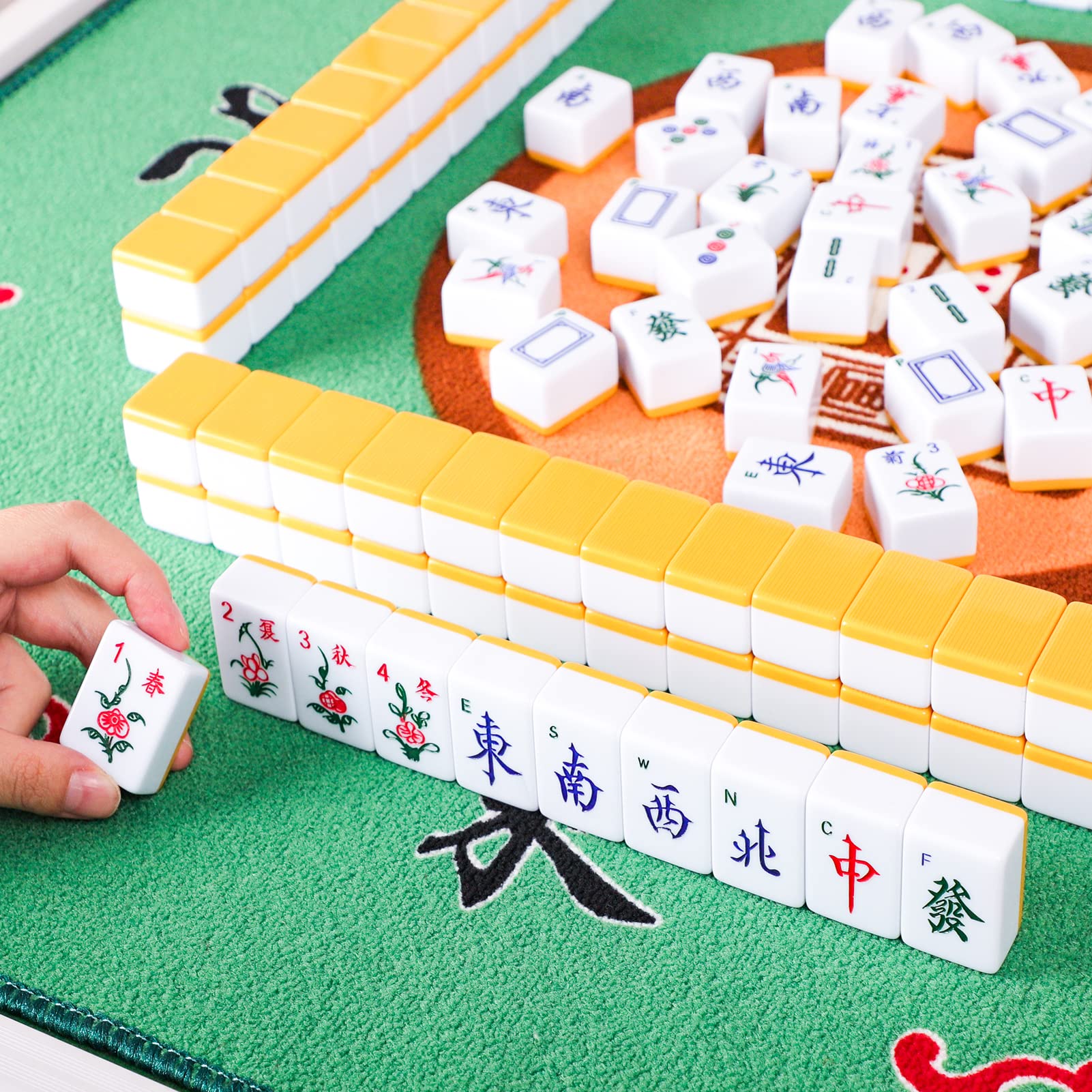 Chinese Mahjong Set, with X-Large 144 Numbered Melamine Yellow Tiles, 2 Spare Tiles, 6 Dice and a Wind Indicator, Carrying Travel Case with English Instruction, Mahjong Mat(Green) 31.5" L x 31