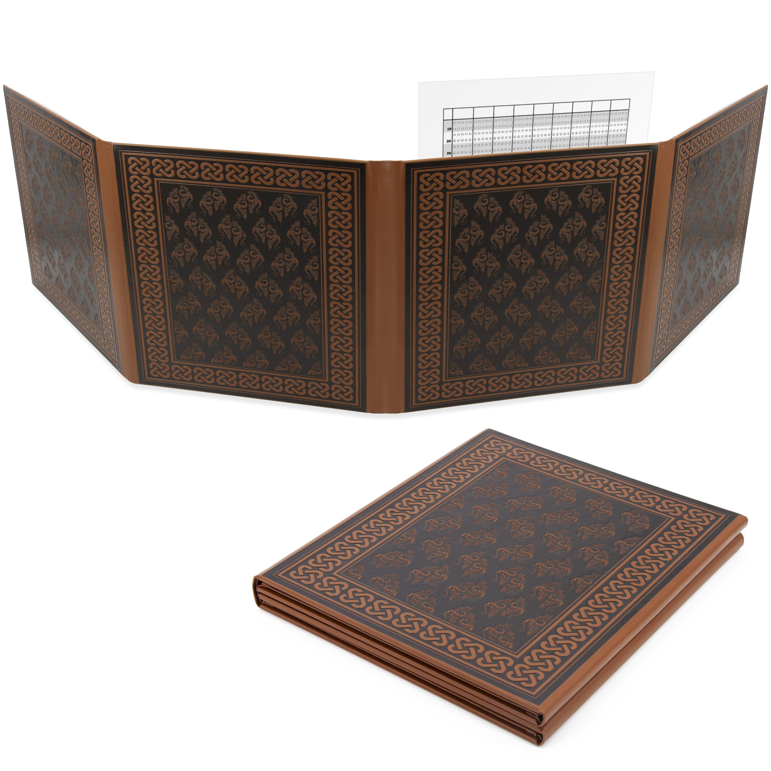 CASEMATIX DM Screen Faux Leather Embossed GM Screen - Four Panel Folding Dungeon Master Screen with Wet Erase Transparent Pockets and Compatible with Tabletop Roleplaying Games, Inserts Not Included