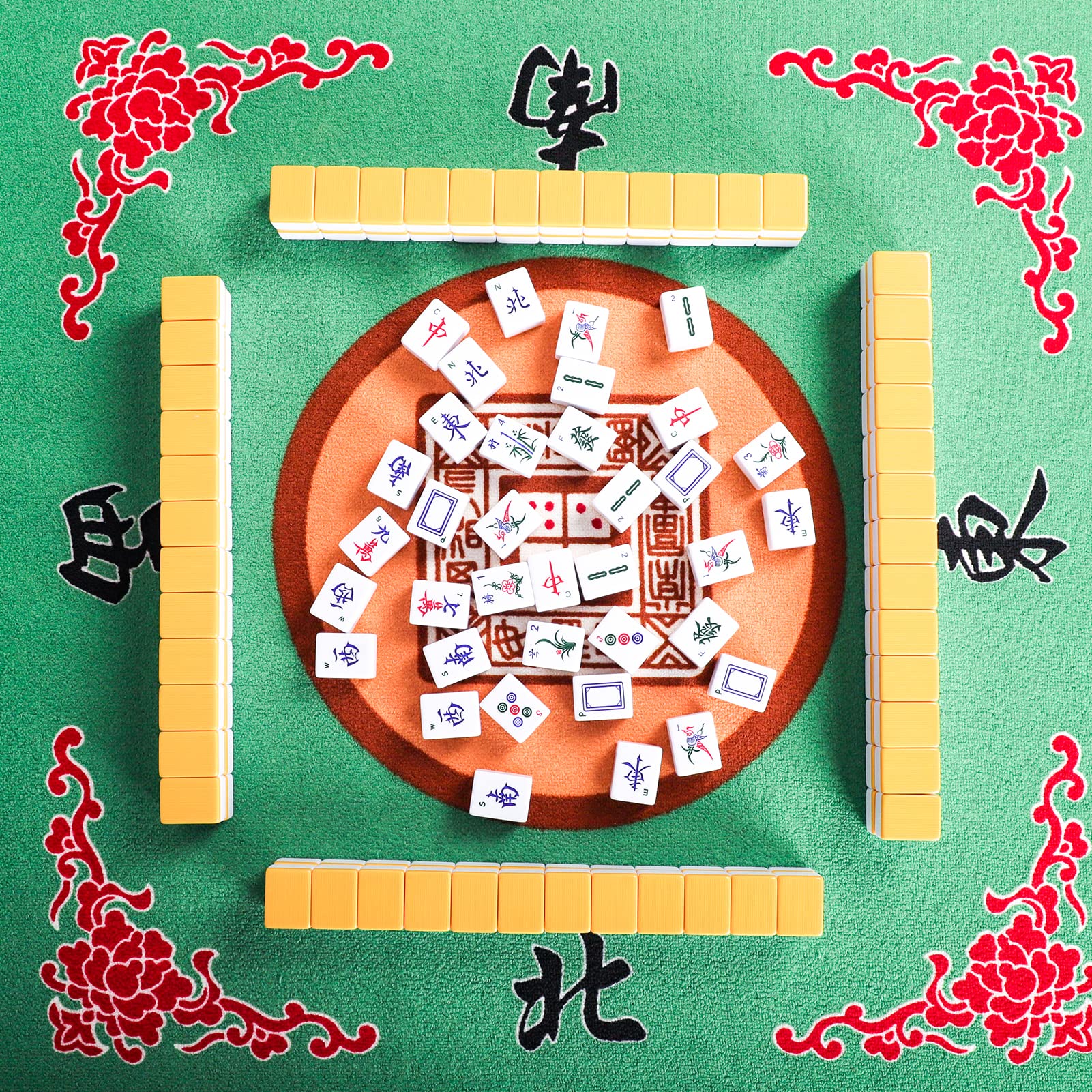 Chinese Mahjong Set, with X-Large 144 Numbered Melamine Yellow Tiles, 2 Spare Tiles, 6 Dice and a Wind Indicator, Carrying Travel Case with English Instruction, Mahjong Mat(Green) 31.5" L x 31