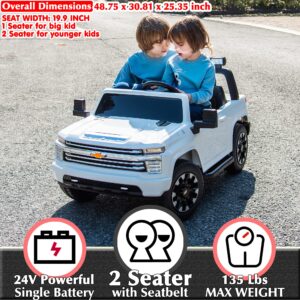 sopbost 4WD 24V 2 Seater Kids Ride On Truck with Remote Licensed Chevrolet Silverado Electric Toy Car with EVA Tires Wheels, High/Low Speed, Music Play (White)