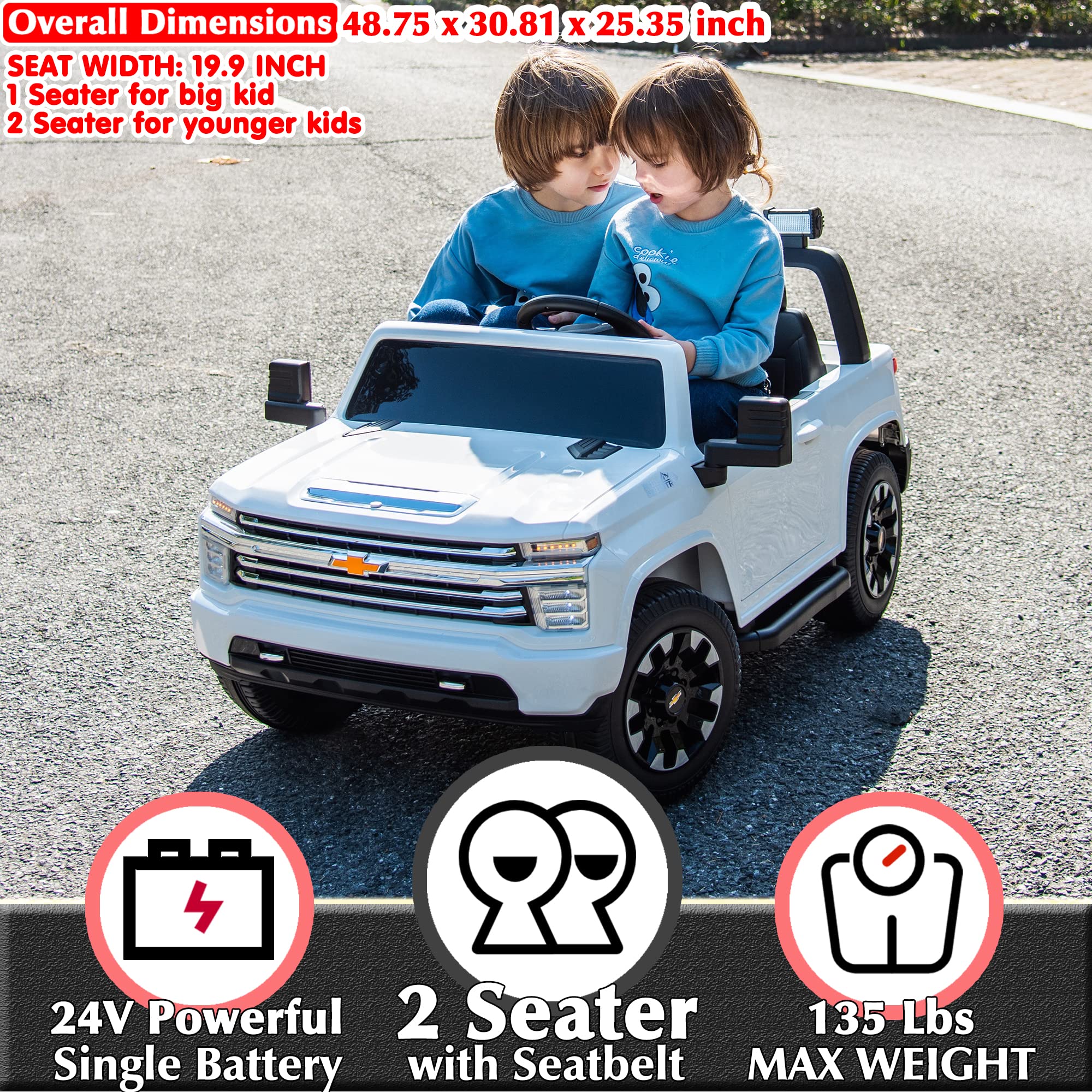 sopbost 4WD 24V 2 Seater Kids Ride On Truck with Remote Licensed Chevrolet Silverado Electric Toy Car with EVA Tires Wheels, High/Low Speed, Music Play (White)