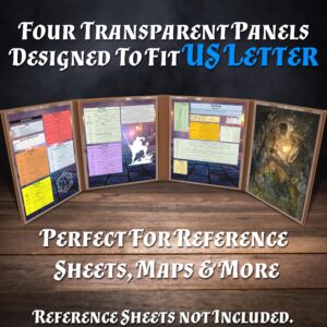 CASEMATIX DM Screen Faux Leather Embossed GM Screen - Four Panel Folding Dungeon Master Screen with Wet Erase Transparent Pockets and Compatible with Tabletop Roleplaying Games, Inserts Not Included