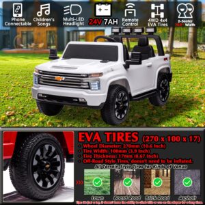 sopbost 4WD 24V 2 Seater Kids Ride On Truck with Remote Licensed Chevrolet Silverado Electric Toy Car with EVA Tires Wheels, High/Low Speed, Music Play (White)