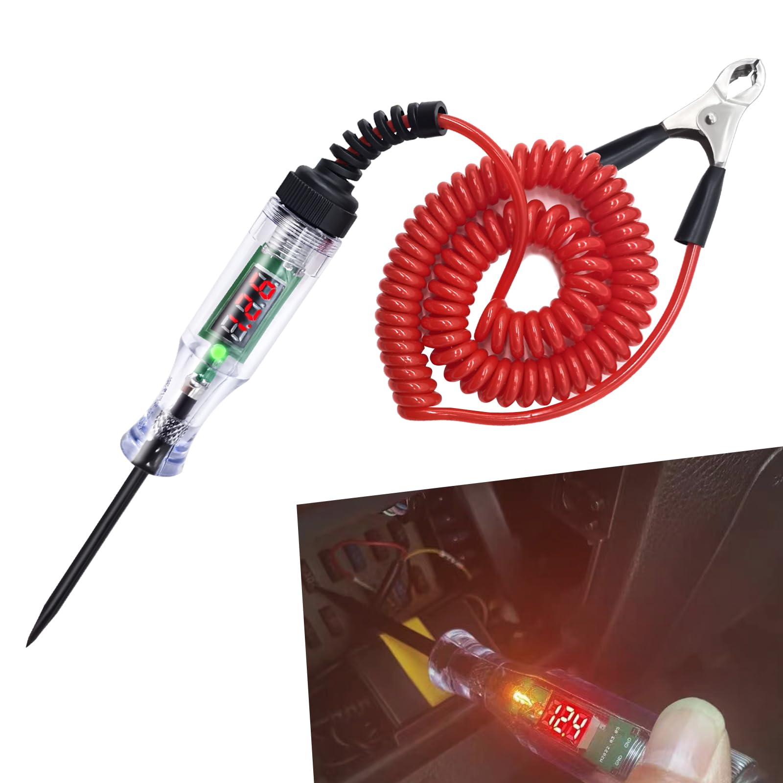 Yonput 1 PC Automotive Test Light Digital LED Circuit Tester, DC 6V-12V-24V Electric Tester Light Tool with Portable Extended Spring Wire, Electric Test Pen Car Bidirectional Voltage Tester (Red)