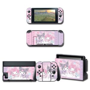 perfectsight cute skin sticker compatible with nintendo switch, kawaii cartoon vinyl decal, pretty pattern full set wrap protective film for ns console & joy-con controller & dock (melody rabbit)