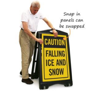 SmartSign "Caution Falling Ice And Snow" A-Frame Sidewalk Sign Kit, 36" x 24", Built-In-Wheels, Double-Sided Portable Plastic Sandwich Board, Set of 1 Foldable Black A-Frame + 2 Sign Panels, USA-Made